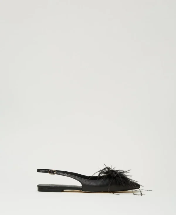 Ballerines Et Mocassins | Chaussures Plates*TWINSET Milano Ballerines Slingbacks En Cuir Avec Plumes Noir