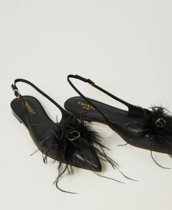 Ballerines Et Mocassins | Chaussures Plates*TWINSET Milano Ballerines Slingbacks En Cuir Avec Plumes Noir