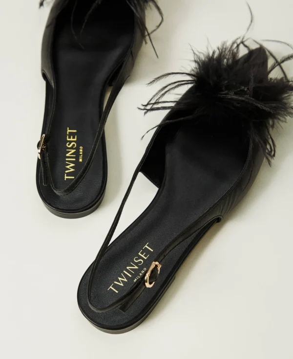 Ballerines Et Mocassins | Chaussures Plates*TWINSET Milano Ballerines Slingbacks En Cuir Avec Plumes Noir