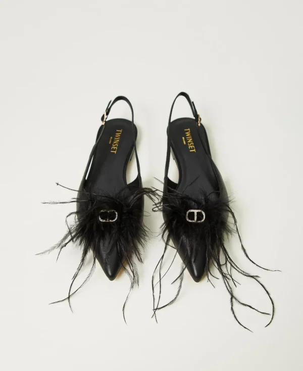 Ballerines Et Mocassins | Chaussures Plates*TWINSET Milano Ballerines Slingbacks En Cuir Avec Plumes Noir