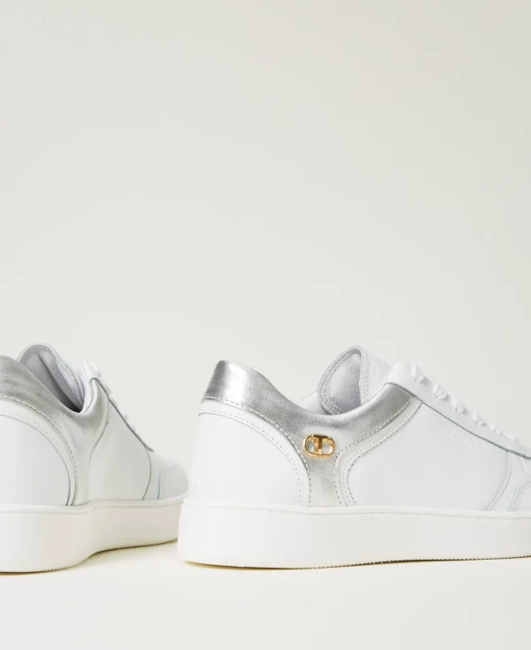 baskets_en_cuir_avec_inse_3.webp Chaussures Plates | Baskets*TWINSET Milano Baskets En Cuir Avec Insertions Lamées Bicolore Blanc Optique/Argent