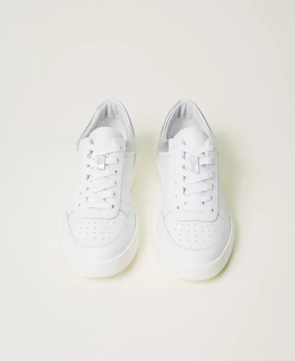 baskets_en_cuir_avec_inse_4.webp Chaussures Plates | Baskets*TWINSET Milano Baskets En Cuir Avec Insertions Lamées Bicolore Blanc Optique/Argent