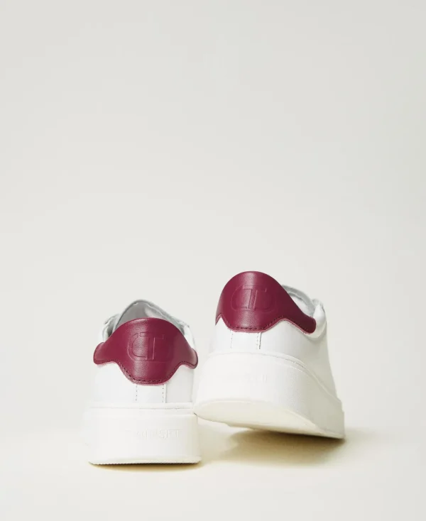 baskets_en_cuir_avec_logo_3.webp Chaussures*TWINSET Milano Baskets En Cuir Avec Logo Bicolore Blanc Optique/Red Plum