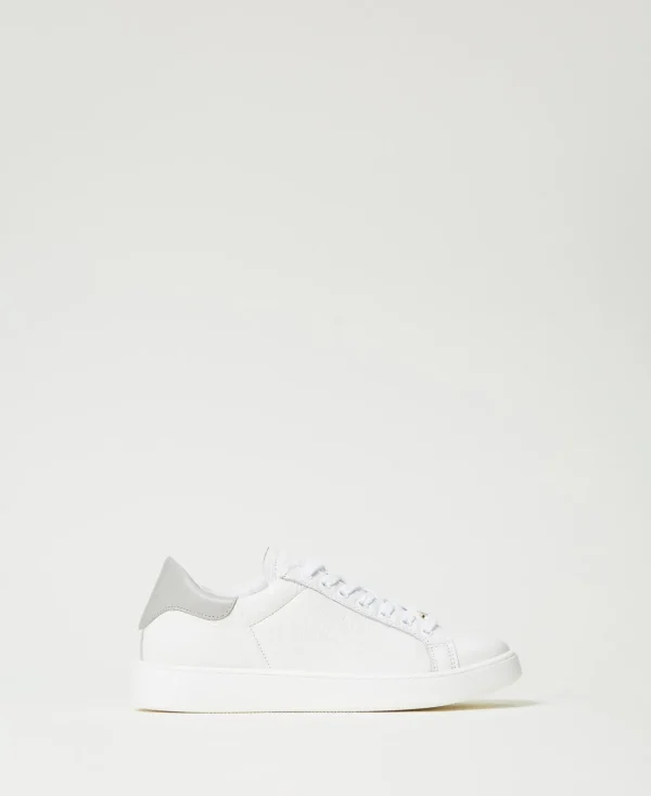 baskets_en_cuir_avec_oval_0.webp Chaussures Plates | Baskets*TWINSET Milano Baskets En Cuir Avec Oval T Bicolore Blanc Optique/Gris Perle