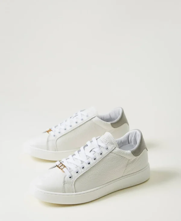 baskets_en_cuir_avec_oval_2.webp Chaussures Plates | Baskets*TWINSET Milano Baskets En Cuir Avec Oval T Bicolore Blanc Optique/Gris Perle