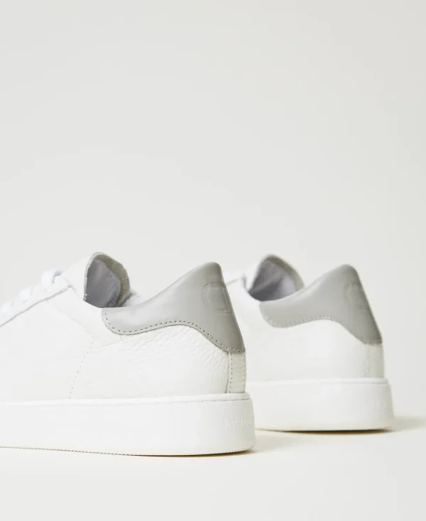 baskets_en_cuir_avec_oval_3.webp Chaussures Plates | Baskets*TWINSET Milano Baskets En Cuir Avec Oval T Bicolore Blanc Optique/Gris Perle