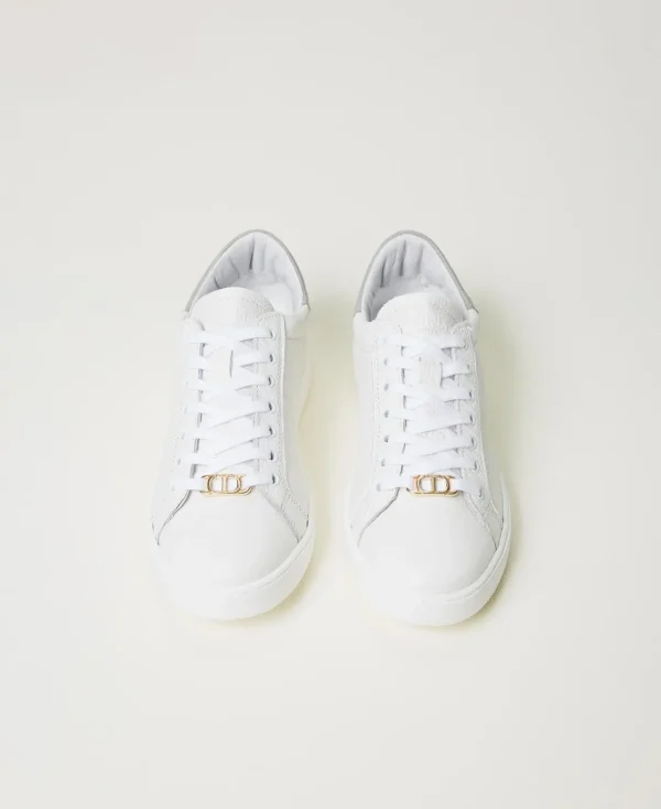 baskets_en_cuir_avec_oval_4.webp Chaussures Plates | Baskets*TWINSET Milano Baskets En Cuir Avec Oval T Bicolore Blanc Optique/Gris Perle