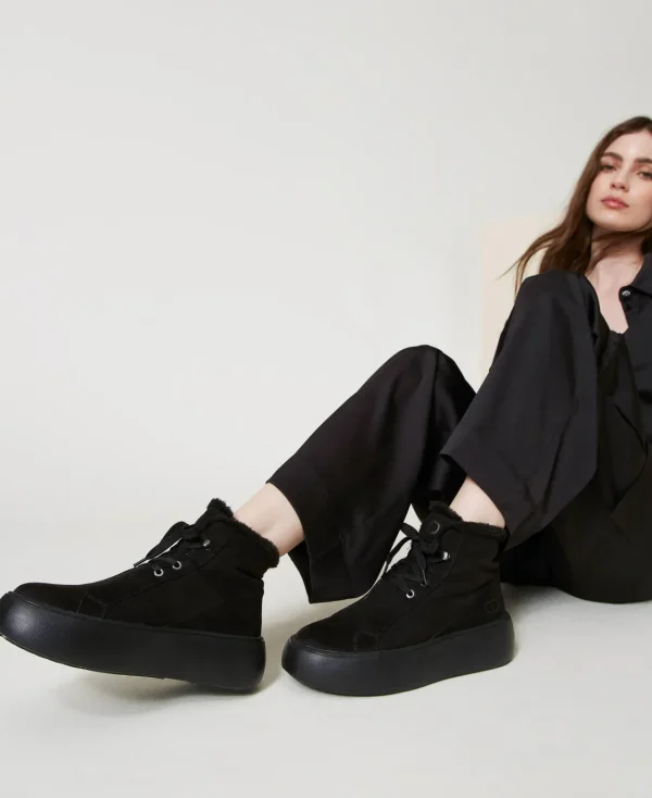 Chaussures Plates | Bottes Et Bottines*TWINSET Milano Baskets Montantes Avec Fausse Fourrure Noir