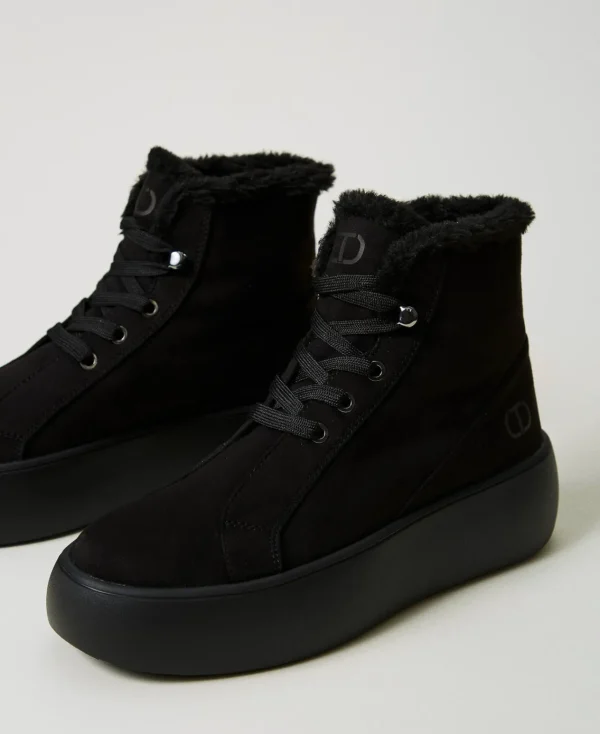 Chaussures Plates | Bottes Et Bottines*TWINSET Milano Baskets Montantes Avec Fausse Fourrure Noir