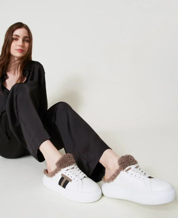 Chaussures Plates | Baskets*TWINSET Milano Baskets Slides Avec Fausse Fourrure Blanc