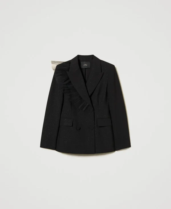 blazer_avec_volant_en_tul_1.webp Blousons Et Doudounes | Blazers*TWINSET Milano Blazer Avec Volant En Tulle Noir