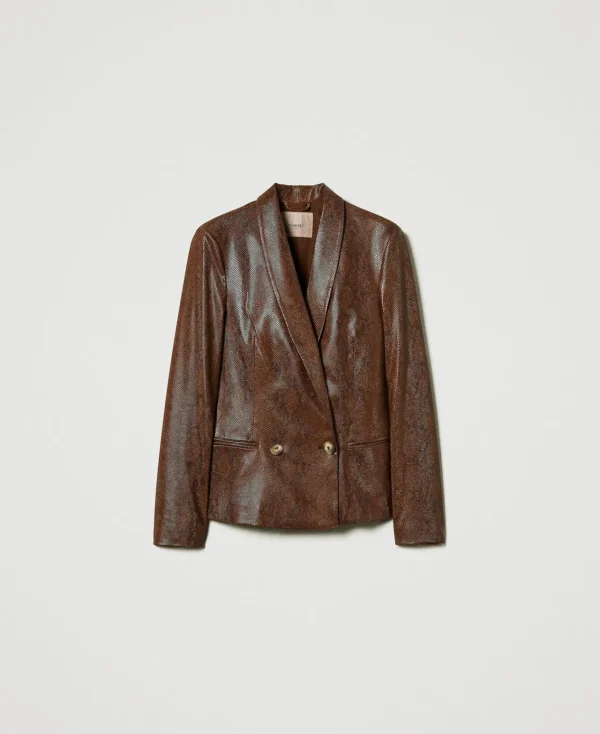 Blousons Et Doudounes | Blazers*TWINSET Milano Blazer Effet Cuir Lézard Imprimé Lézard Café/Noir