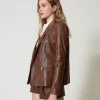 Blousons Et Doudounes | Blazers*TWINSET Milano Blazer Effet Cuir Lézard Imprimé Lézard Café/Noir