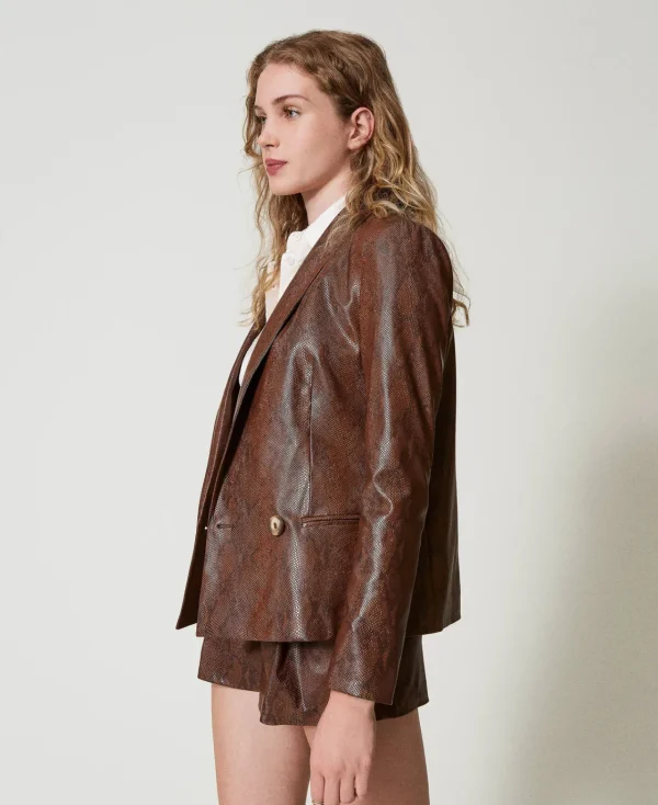 Blousons Et Doudounes | Blazers*TWINSET Milano Blazer Effet Cuir Lézard Imprimé Lézard Café/Noir