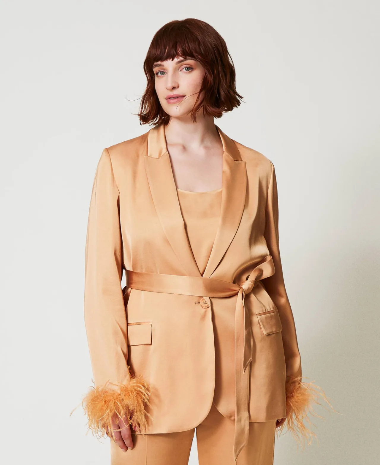 Blousons Et Doudounes | Blazers*TWINSET Milano Blazer En Satin Avec Plumes Orange « Bubbly »