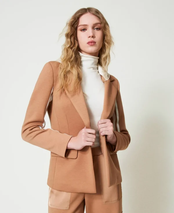 Blousons Et Doudounes | Blazers*TWINSET Milano Blazer En Scuba Avec Capuche Bicolore Caramel Camel/Nacre