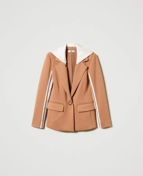 Blousons Et Doudounes | Blazers*TWINSET Milano Blazer En Scuba Avec Capuche Bicolore Caramel Camel/Nacre