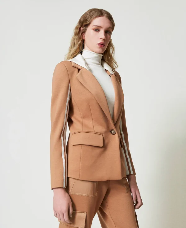 Blousons Et Doudounes | Blazers*TWINSET Milano Blazer En Scuba Avec Capuche Bicolore Caramel Camel/Nacre