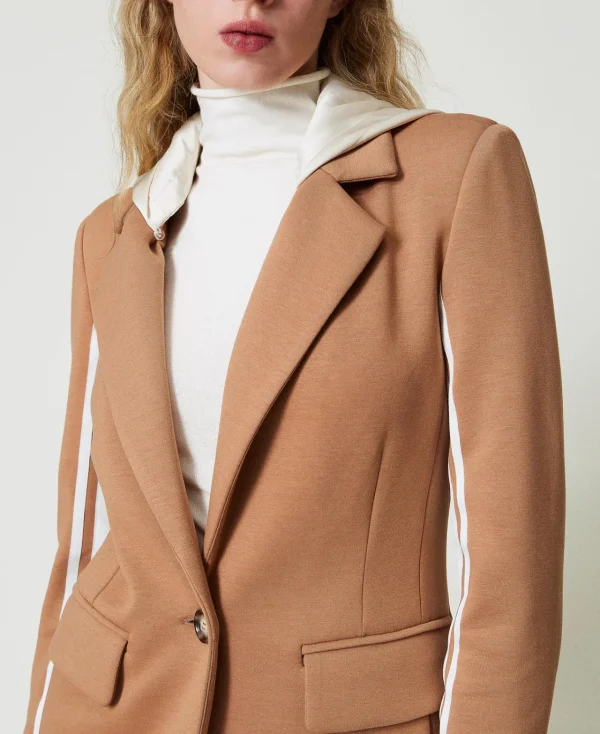 Blousons Et Doudounes | Blazers*TWINSET Milano Blazer En Scuba Avec Capuche Bicolore Caramel Camel/Nacre
