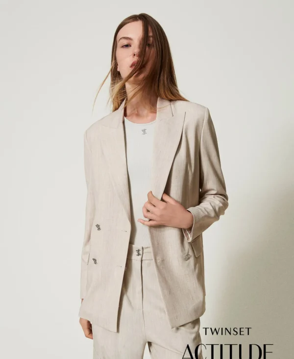 blazer_myfo_avec_broderie_0.webp Blousons Et Doudounes | Blazers*TWINSET Milano Blazer MYFO Avec Broderie Dull Gold Chiné