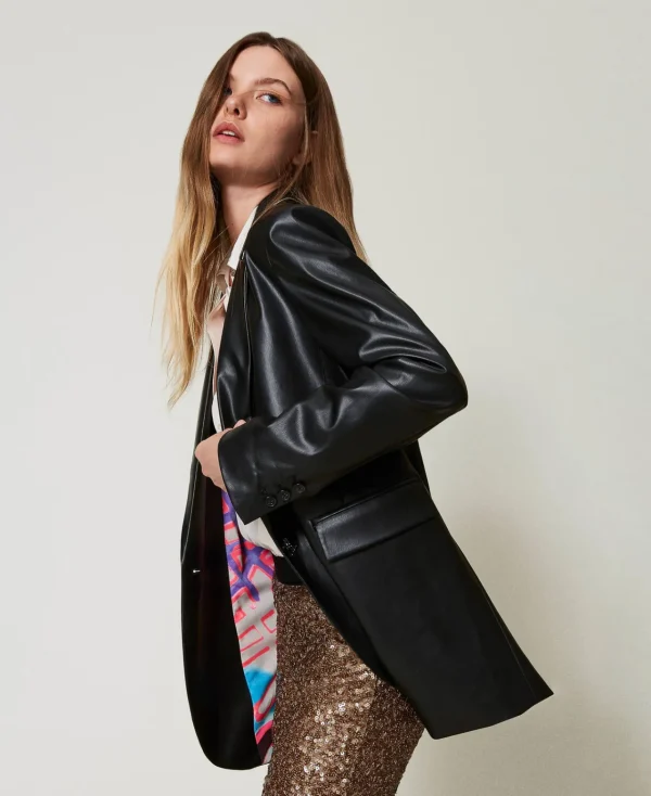 blazer_myfo_effet_cuir_2.webp Blousons Et Doudounes | Blazers*TWINSET Milano Blazer MYFO Effet Cuir Noir