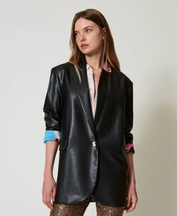 blazer_myfo_effet_cuir_4.webp Blousons Et Doudounes | Blazers*TWINSET Milano Blazer MYFO Effet Cuir Noir