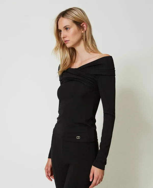 blouse_avec_col_fronc_2.webp Blouses Et Chemises*TWINSET Milano Blouse Avec Col Froncé Noir