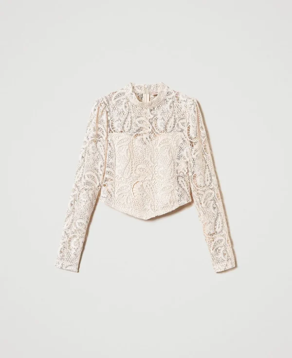 Blouses Et Chemises*TWINSET Milano Blouse Cropped En Dentelle Macramé Blanc « Old White »