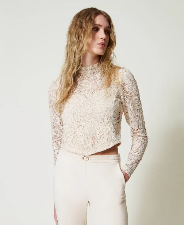 Blouses Et Chemises*TWINSET Milano Blouse Cropped En Dentelle Macramé Blanc « Old White »