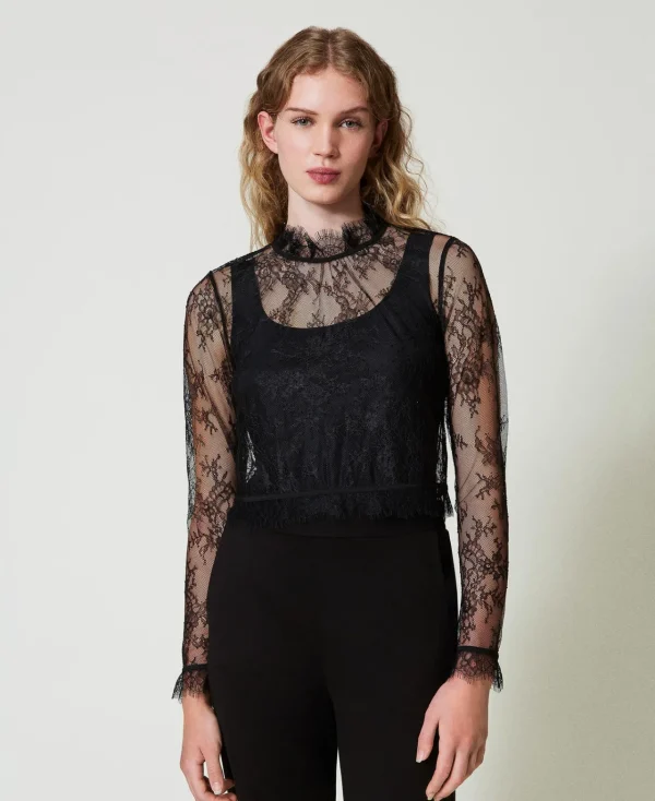 blouse_cropped_en_dentell_2.webp Blouses Et Chemises*TWINSET Milano Blouse Cropped En Dentelle Avec Top Noir