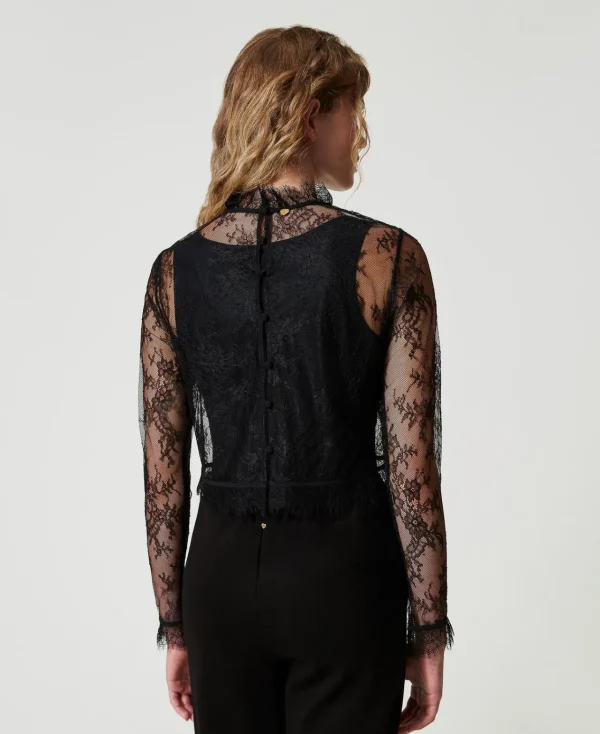 blouse_cropped_en_dentell_3.webp Blouses Et Chemises*TWINSET Milano Blouse Cropped En Dentelle Avec Top Noir