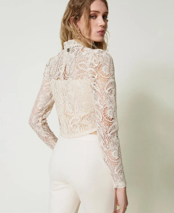 Blouses Et Chemises*TWINSET Milano Blouse Cropped En Dentelle Macramé Blanc « Old White »