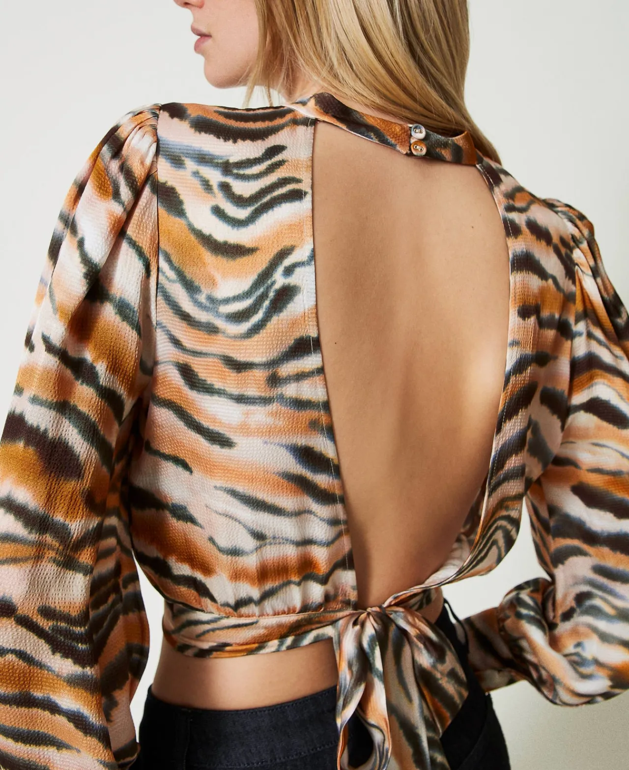 Blouses Et Chemises*TWINSET Milano Blouse Cropped En Satin Animalier Imprimé Tigre Orange « Tanné »/Noir