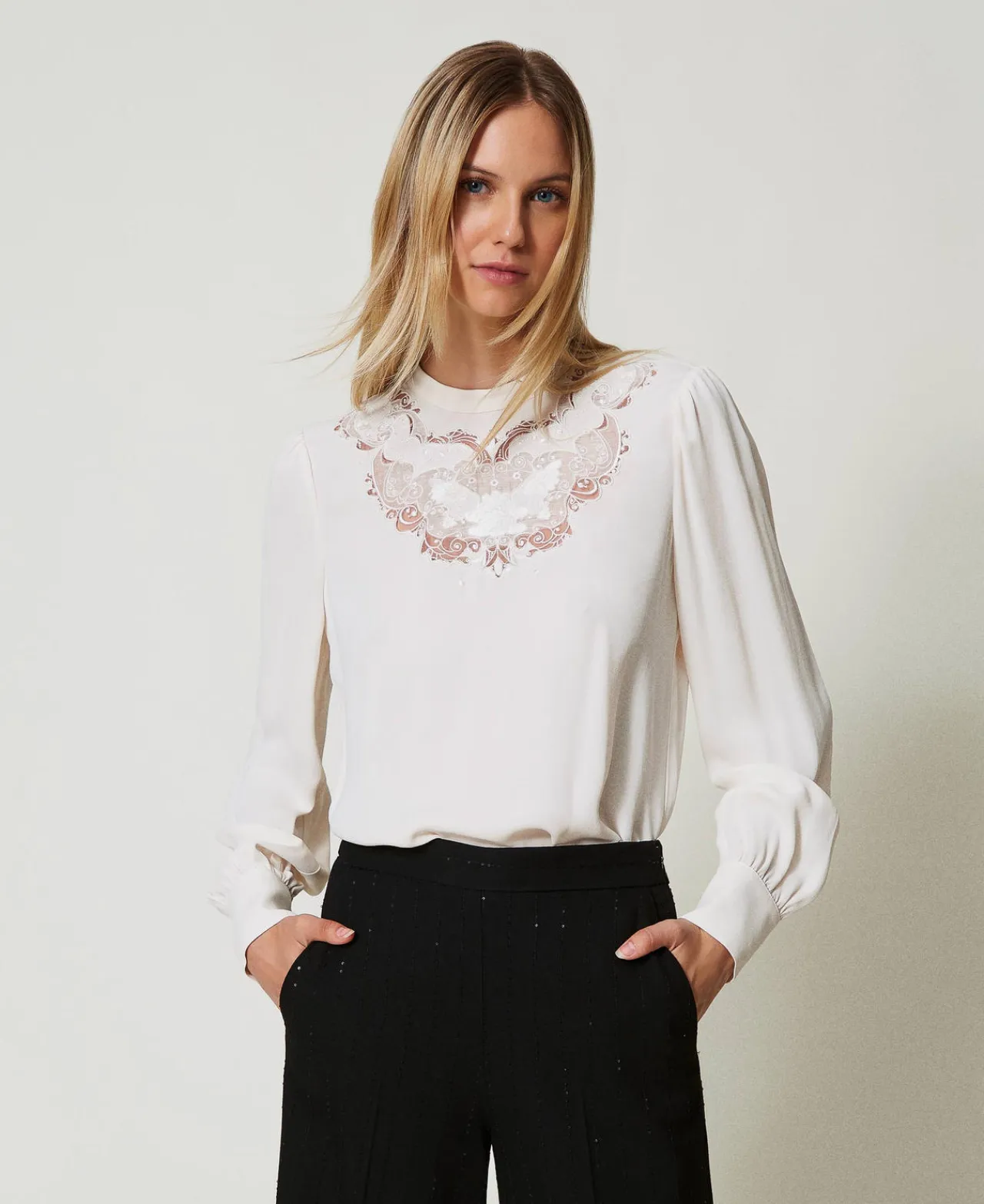 Blouses Et Chemises*TWINSET Milano Blouse En Crêpe Avec Broderie Florale Blanc « White Cream »