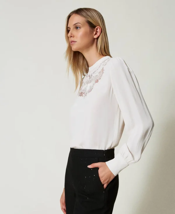 Blouses Et Chemises*TWINSET Milano Blouse En Crêpe Avec Broderie Florale Blanc « White Cream »