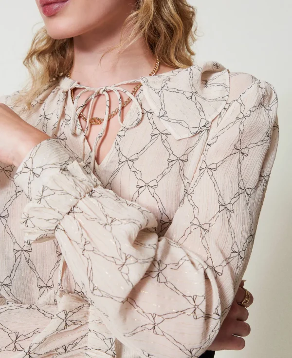 Blouses Et Chemises*TWINSET Milano Blouse En Crépon Avec Imprimé Nœuds Imprimé Nœuds Blanc « White Cream »/Noir