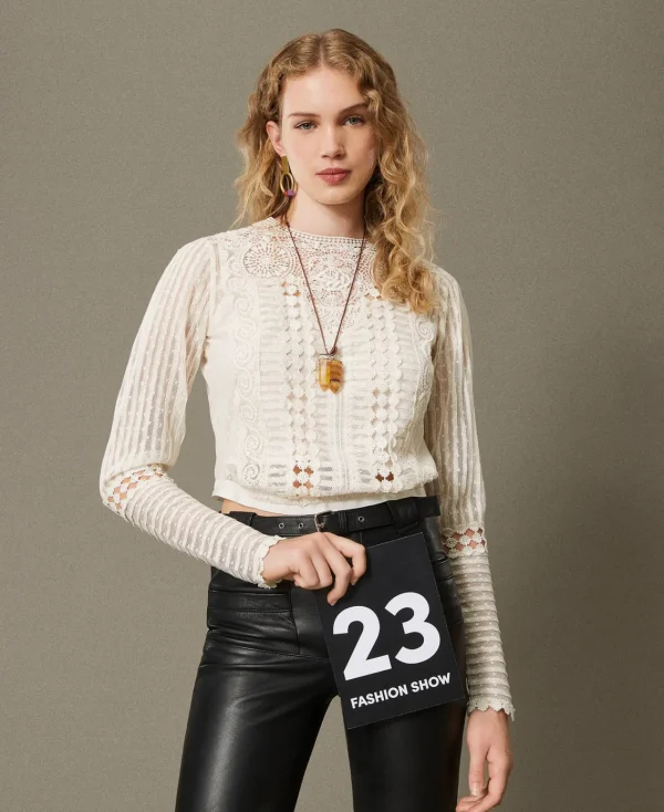 Blouses Et Chemises*TWINSET Milano Blouse En Mousseline Avec Dentelle Et Broderies Blanc Neige