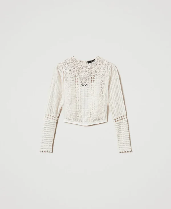 Blouses Et Chemises*TWINSET Milano Blouse En Mousseline Avec Dentelle Et Broderies Blanc Neige