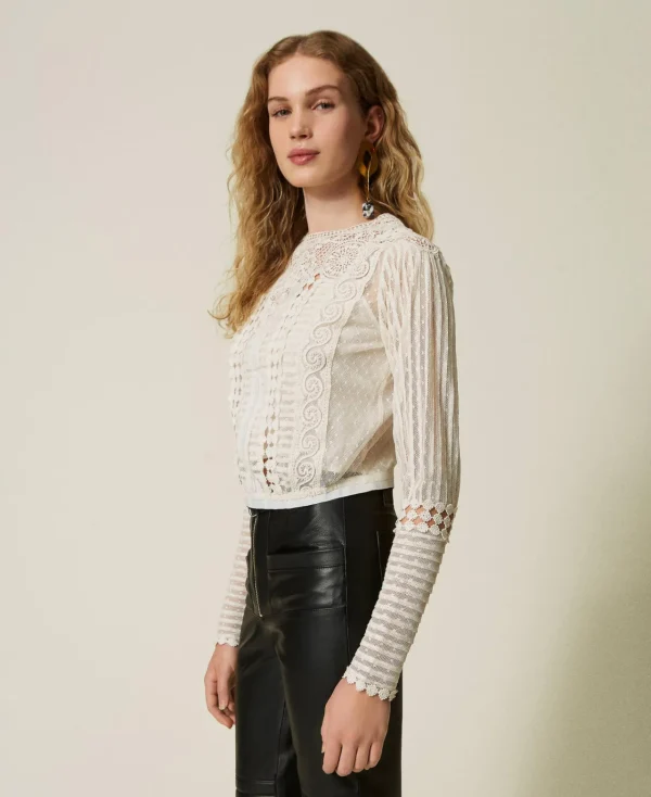 Blouses Et Chemises*TWINSET Milano Blouse En Mousseline Avec Dentelle Et Broderies Blanc Neige