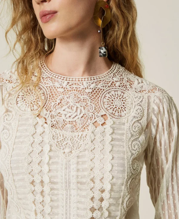 Blouses Et Chemises*TWINSET Milano Blouse En Mousseline Avec Dentelle Et Broderies Blanc Neige