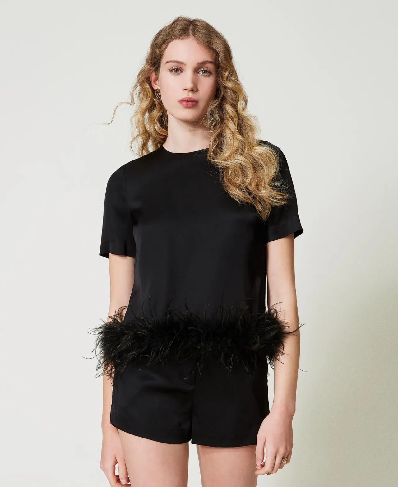 Blouses Et Chemises*TWINSET Milano Blouse En Satin Avec Plumes Noir