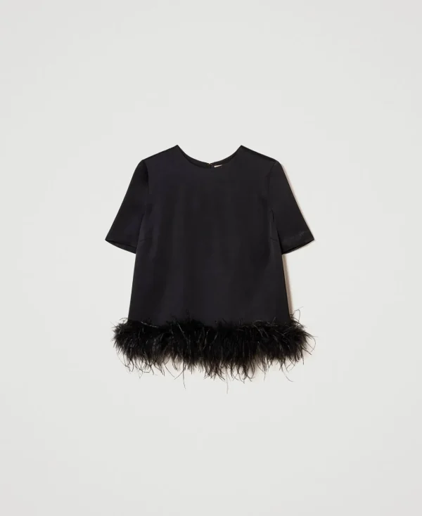 blouse_en_satin_avec_plum_1.webp Blouses Et Chemises*TWINSET Milano Blouse En Satin Avec Plumes Noir