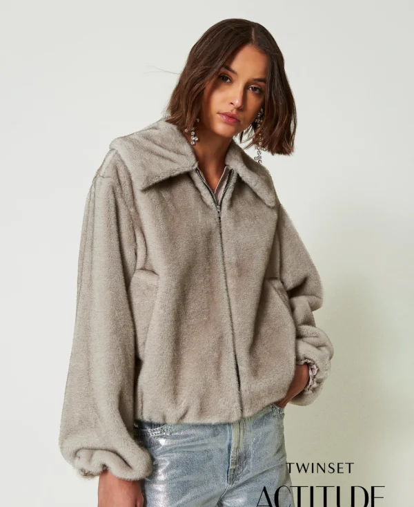 Blousons Et Doudounes*TWINSET Milano Blouson Court En Fausse Fourrure Gris Fumé