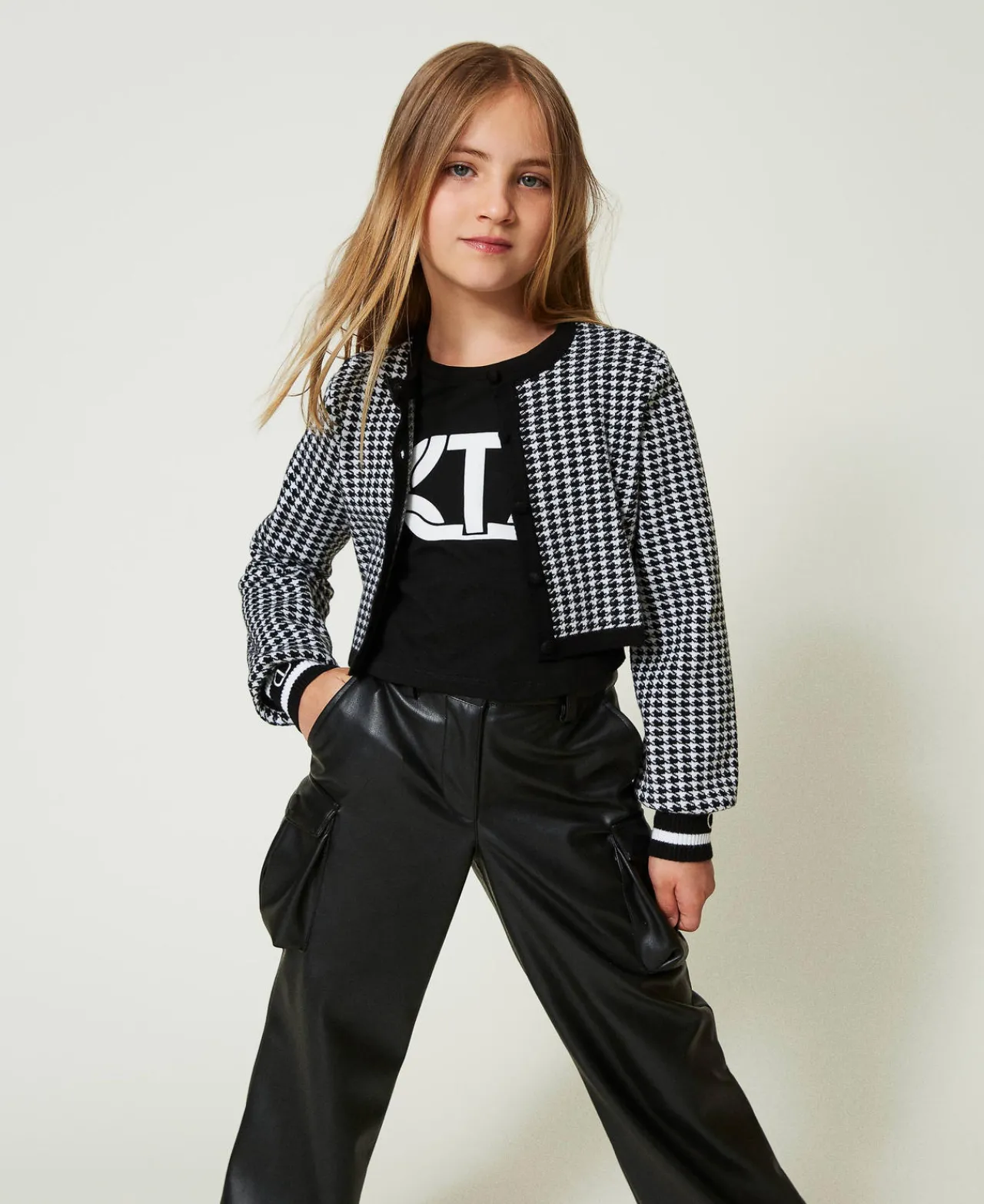 Blousons Et Manteaux*TWINSET Milano Blouson En Maille Jacquard Pied-de-poule Bicolore Blanc Cassé / Noir