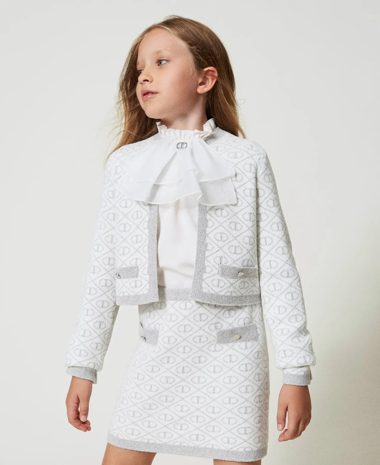 Blousons Et Manteaux*TWINSET Milano Blouson En Maille Jacquard Avec Oval T Bicolore Blanc Cassé/Argent Métallisé