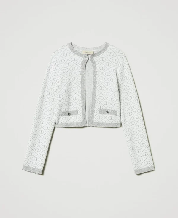 Blousons Et Manteaux*TWINSET Milano Blouson En Maille Jacquard Avec Oval T Bicolore Blanc Cassé/Argent Métallisé