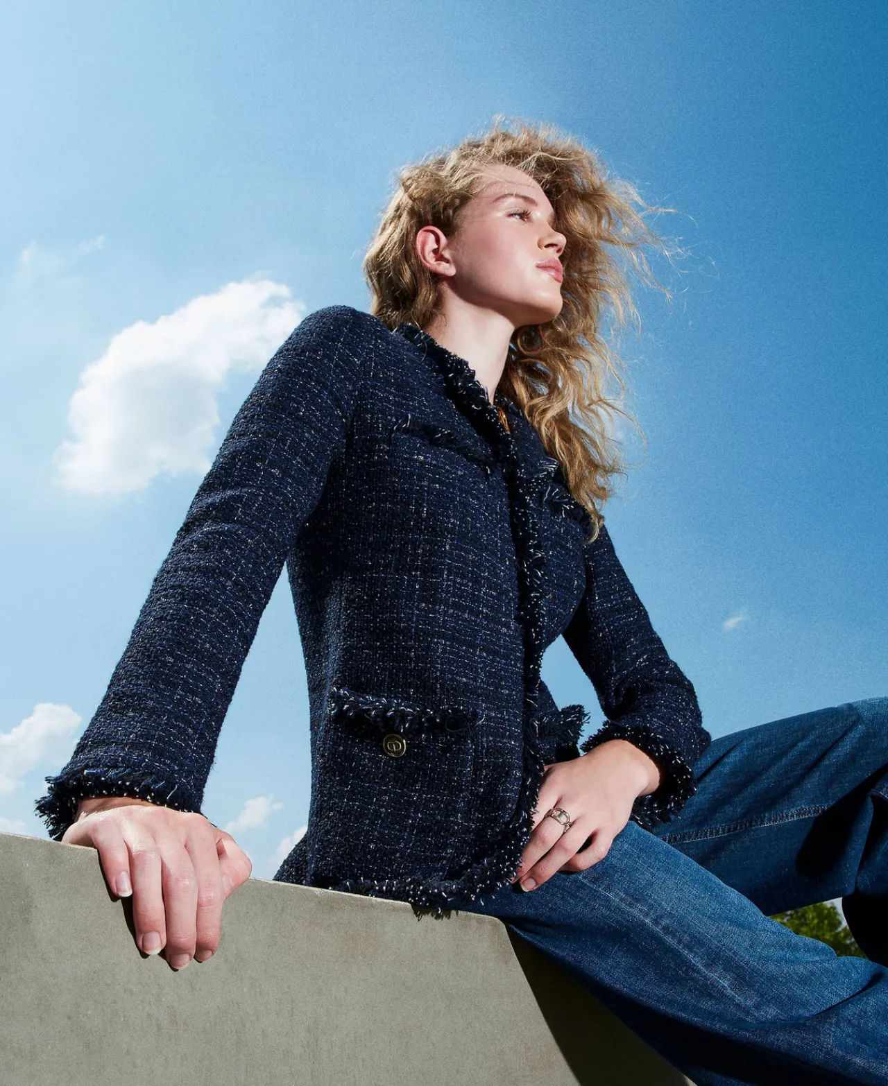 Blousons Et Doudounes | Blazers*TWINSET Milano Blouson En Tissu Bouclé Avec Boutons Siglés Bouclé Bleu Denim/Noir