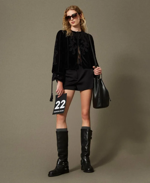 blouson_en_velours_avec_b_0.webp Blousons Et Doudounes | Blazers*TWINSET Milano Blouson En Velours Avec Broderie Noir