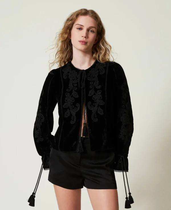 blouson_en_velours_avec_b_2.webp Blousons Et Doudounes | Blazers*TWINSET Milano Blouson En Velours Avec Broderie Noir