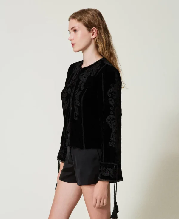 blouson_en_velours_avec_b_3.webp Blousons Et Doudounes | Blazers*TWINSET Milano Blouson En Velours Avec Broderie Noir